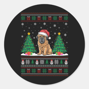 Pegatina Redonda Santa Hat Tibetano Mastiff Perro Xmas Árbol Luces