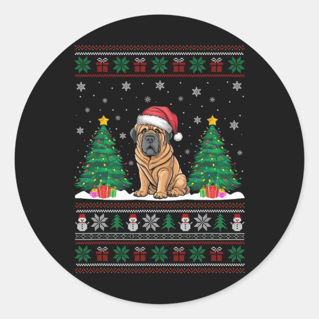 Pegatina Redonda Santa Hat Tibetano Mastiff Perro Xmas Árbol Luces  (Anverso)