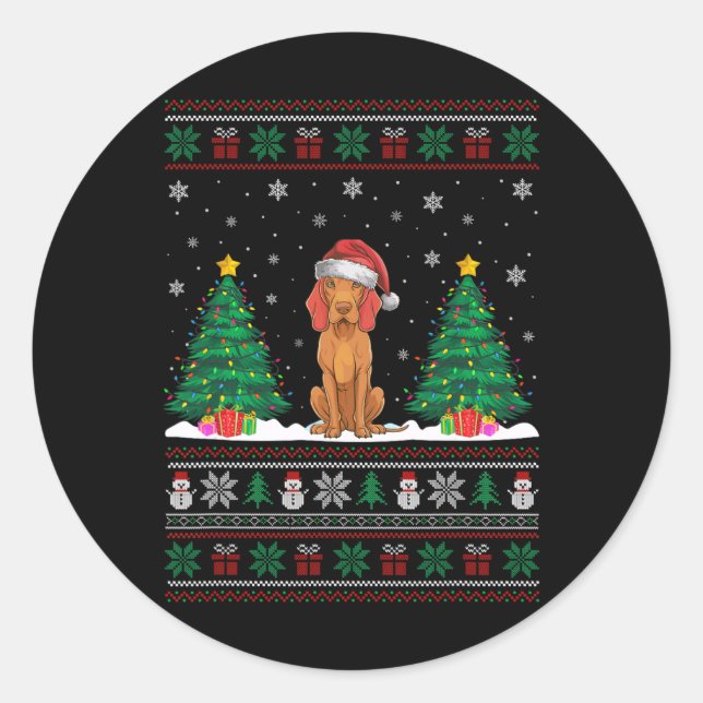 Pegatina Redonda Santa Hat Vizsla Perro Árbol de Navidad Encendido  (Anverso)