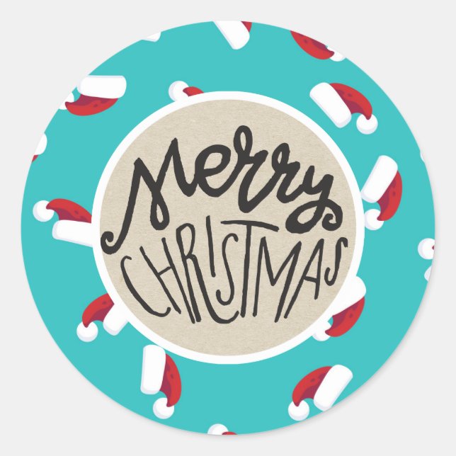 Pegatina Redonda Santa Hats Blue Merry Navidad Festividad caprichos (Anverso)