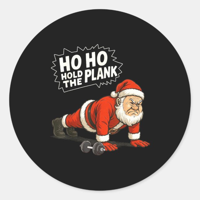 Pegatina Redonda Santa Ho Ho Hold The Plank Christmas Gym Workout F (Anverso)