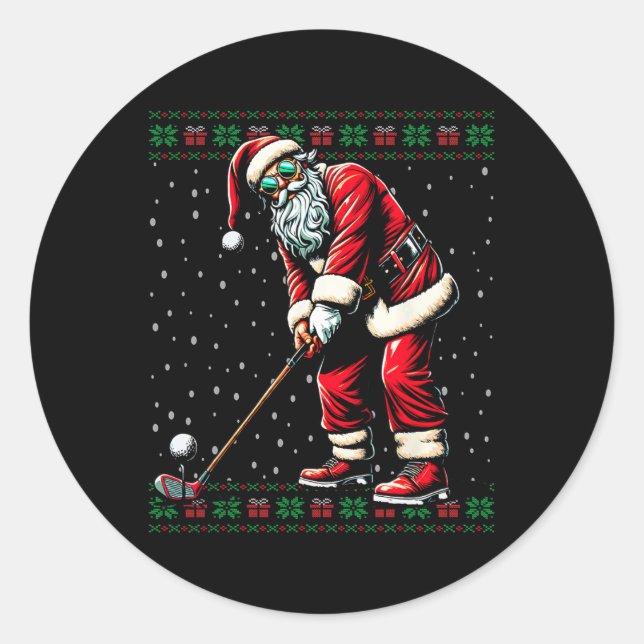 Pegatina Redonda Santa Jugando Golf Navidades feos suéter (Anverso)