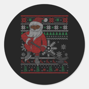 Pegatina Redonda Santa Jugando Hockey Negro Afroamericano Xmas S