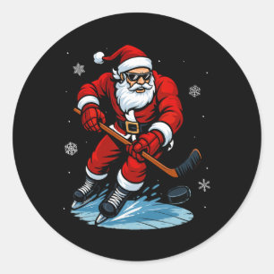 Pegatina Redonda Santa jugando hockey sobre hielo divertido Navidad