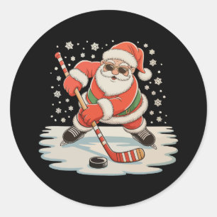 Pegatina Redonda Santa jugando hockey sobre hielo Navidad Xmas Depo