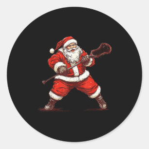 Pegatina Redonda Santa jugando lacrosse divertido lacrosse lax juga