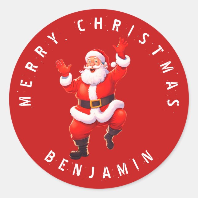 Pegatina Redonda Santa Jumping Para La Alegría | Merry Christmas Na (Anverso)