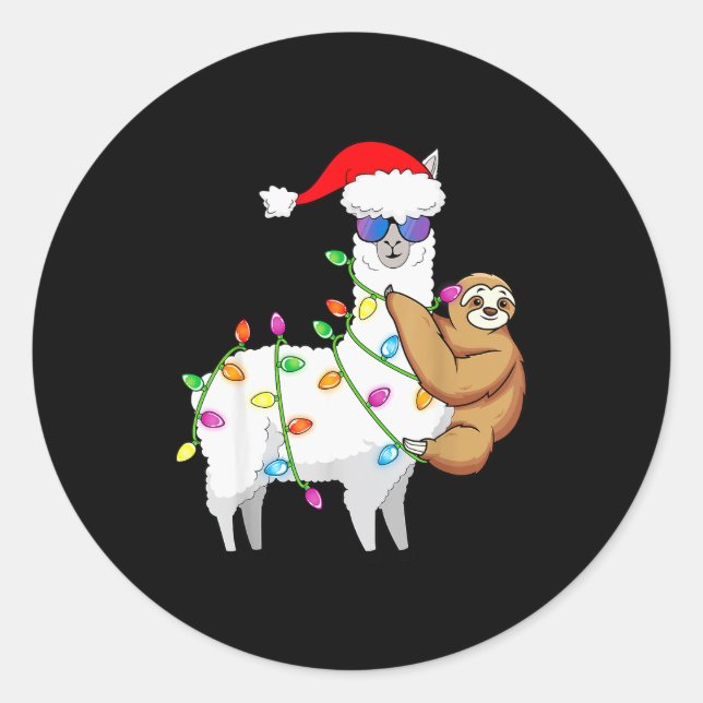 Pegatina Redonda Santa Llama Xmas Funny Llama Sloth Christmas  (Anverso)