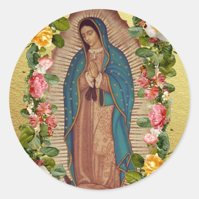 Pegatina Redonda Santa Maria, Virgen de Guadalupe Mother Mary Roses (Anverso)