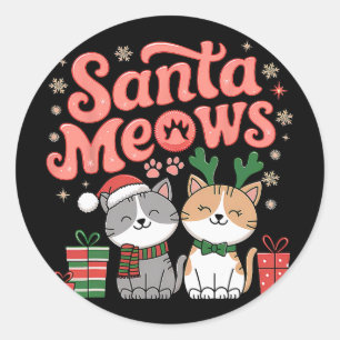 Pegatina Redonda Santa Meows Navidades de gatos festivos felices hi