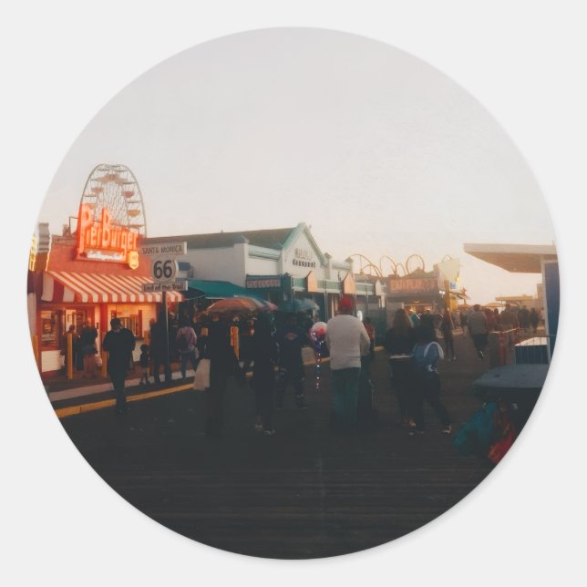 Pegatina Redonda Santa Monica Pier, Los Angeles, California (Anverso)