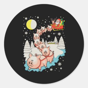 Pegatina Redonda Santa montando cerdo feo Navidad familiar a juego