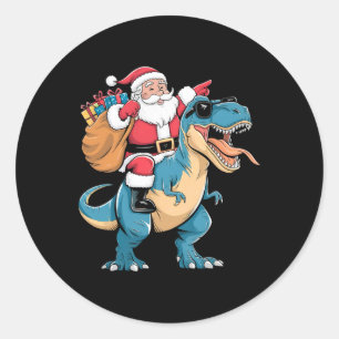 Pegatina Redonda Santa montando dinosaurio T Rex Navidad chicos hom