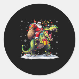 Pegatina Redonda Santa montando dinosaurio T Rex Navidad chicos hom