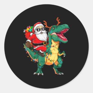 Pegatina Redonda Santa montando dinosaurio T Rex Navidad divertida 