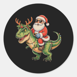 Pegatina Redonda Santa montando dinosaurio T Rex Navidad Retro Xmas