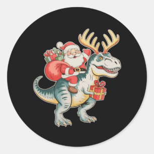 Pegatina Redonda Santa montando dinosaurio T-Rex Navidad Xmas Fiest