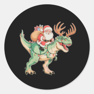 Pegatina Redonda Santa montando dinosaurio T Rex Navidad Xmas Fiest