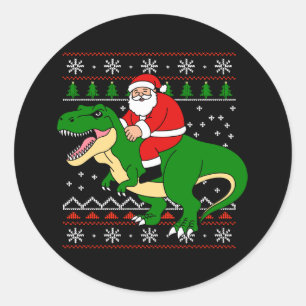 Pegatina Redonda Santa montando T Rex Navidad Dinosaurio feo de Nav