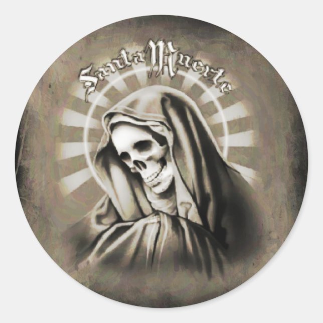 Pegatina Redonda Santa Muerte NEGRO Y GRIS (Anverso)