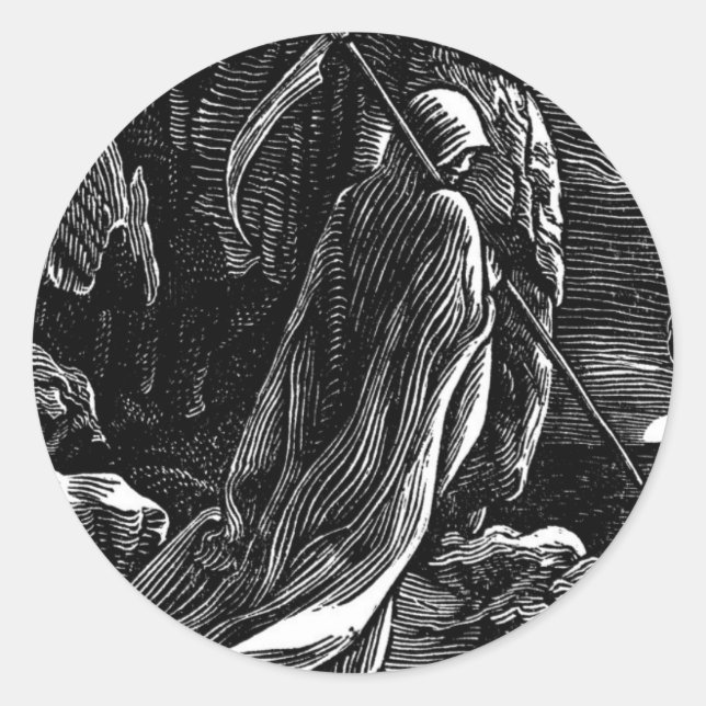 Pegatina Redonda Santa Muerte (Parca Grim Reaper mexicana) hacia 19 (Anverso)