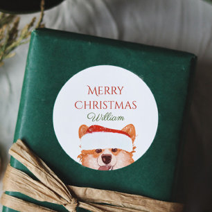 Pegatina Redonda  Santa Naranja Corgi Feliz Navidad personalizado 