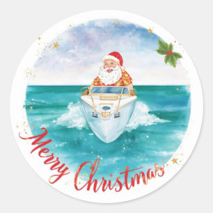 Pegatina Redonda Santa Navegando – Navidad Tropical junto al Mar