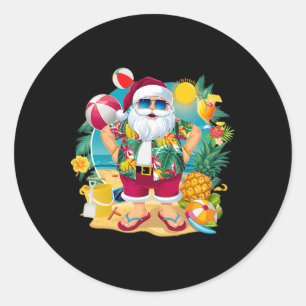 Pegatina Redonda Santa Navidad En Julio En La Playa Verano Hawaiano