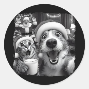 Pegatina Redonda Santa Navidad Gato Divertido Tomando Selfie Mapach