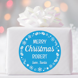 Pegatina Redonda Santa Navidad Nombre Personalizado Azul