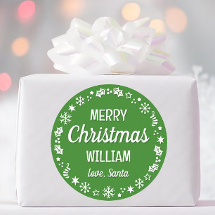 Pegatina Redonda Santa Navidad Nombre Personalizado Verde