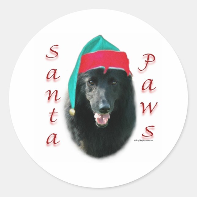 Pegatina Redonda Santa Paws, un perro pastor belga (Anverso)