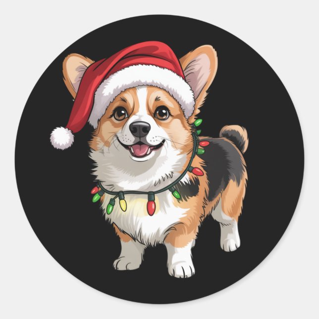 Pegatina Redonda Santa Pembroke Welsh Corgi Christmas Tree Lights  (Anverso)