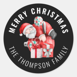Pegatina Redonda Santa Personalizado Nombre Feliz Navidad Negro