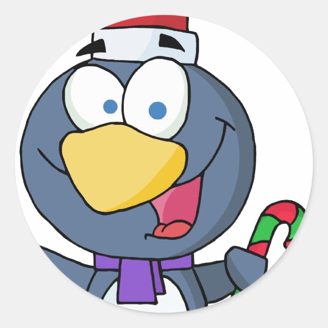Pegatina Redonda Santa Pingüino con Candy Cane (Anverso)