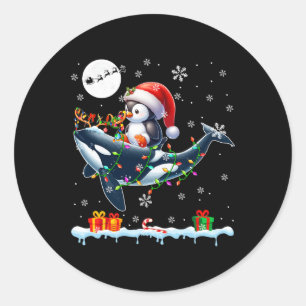 Pegatina Redonda Santa Pingüino Riendo Navidades de renos de Orca A