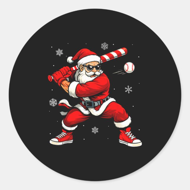Pegatina Redonda Santa Playing Baseball Xmas Funny Christmas Baseba (Anverso)