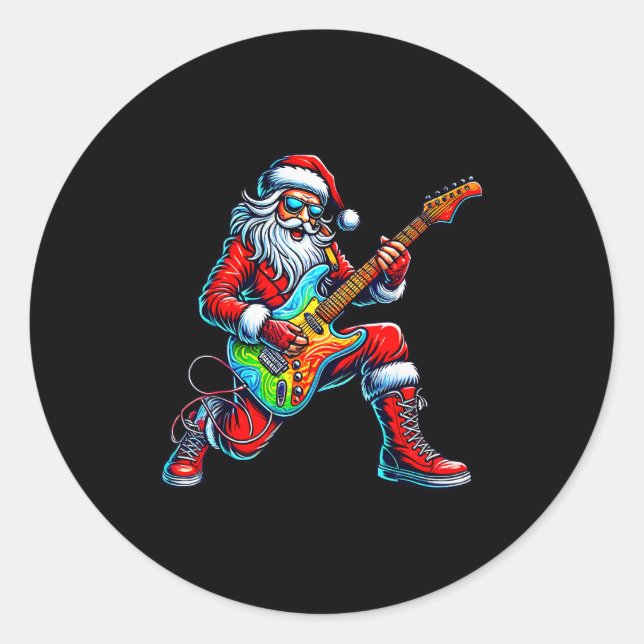 Pegatina Redonda Santa Playing Guitar Musician Guitarist Christmas  (Anverso)