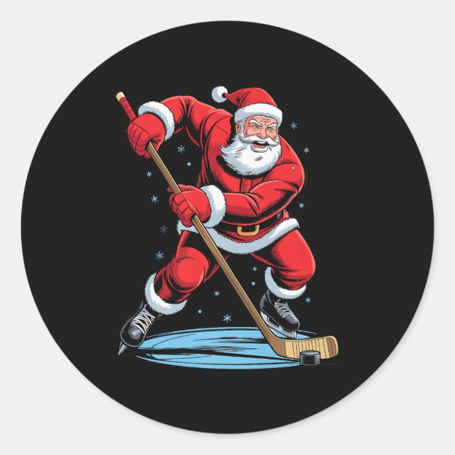 Pegatina Redonda Santa Playing Hockey Funny Holiday Christmas Xmas  (Anverso)
