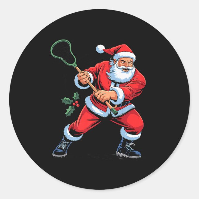 Pegatina Redonda Santa Playing Lacrosse Funny Holiday Christmas Xma (Anverso)