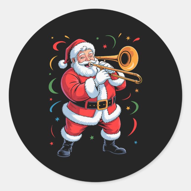 Pegatina Redonda Santa Playing Trombone Funny Holiday Christmas Xma (Anverso)