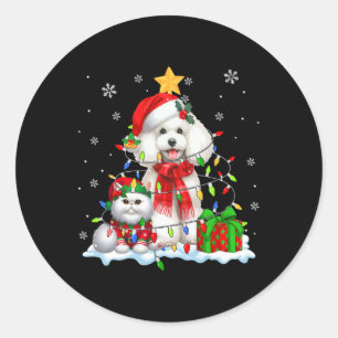 Pegatina Redonda Santa Poodle Con Navidades Del Gato Del Elf Luces 