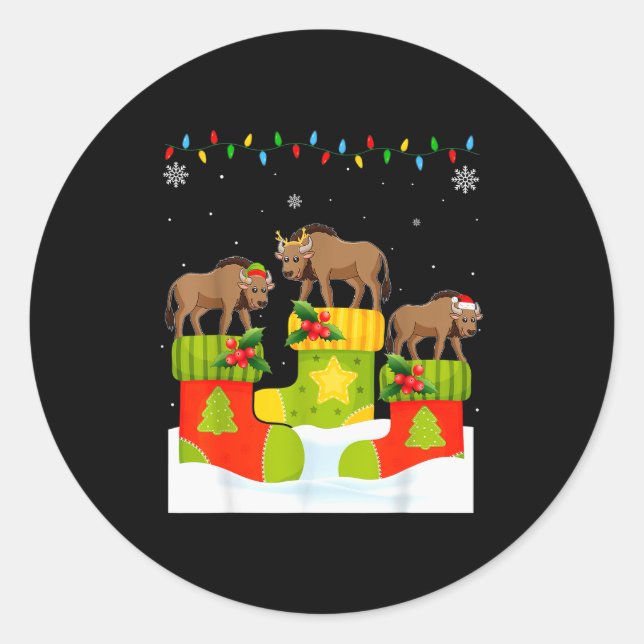 Pegatina Redonda Santa Reindeer Elf Wildebeest In Christmas Socks U (Anverso)