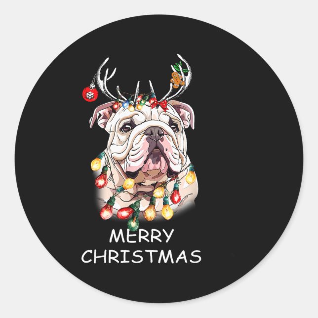 Pegatina Redonda Santa Reindeer English Bulldog Dog Christmas Light (Anverso)
