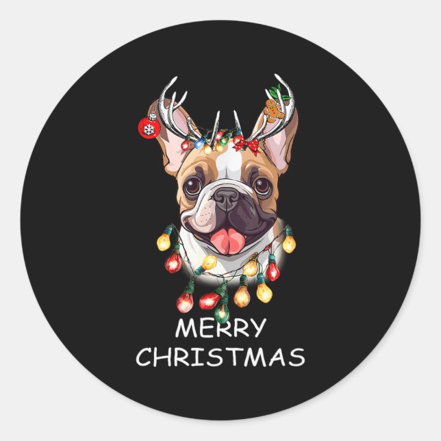 Pegatina Redonda Santa Reindeer French Bulldog Dog Christmas Lights (Anverso)