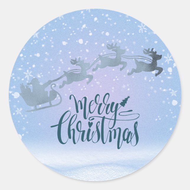 Pegatina Redonda Santa & Reindeer Merry Christmas Winter Wonderland (Anverso)