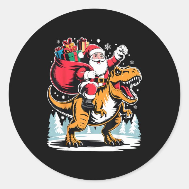 Pegatina Redonda Santa Riding Dinosaur T Rex Christmas Boys Xmas  (Anverso)