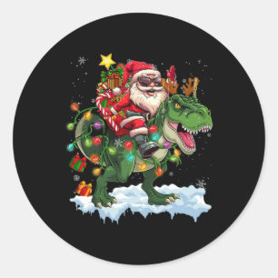 Pegatina Redonda Santa Riding Dinosaur T Rex Christmas Light