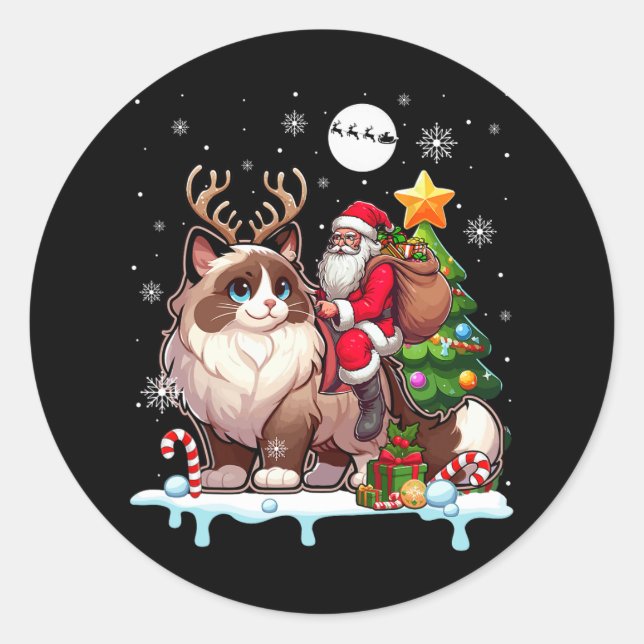 Pegatina Redonda Santa Riding Ragdoll Cat Xmas Tree Colorf (Anverso)
