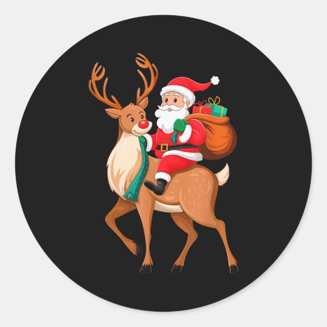 Pegatina Redonda Santa Riding Reindeer Christmas Men Boys Kids Teen (Anverso)